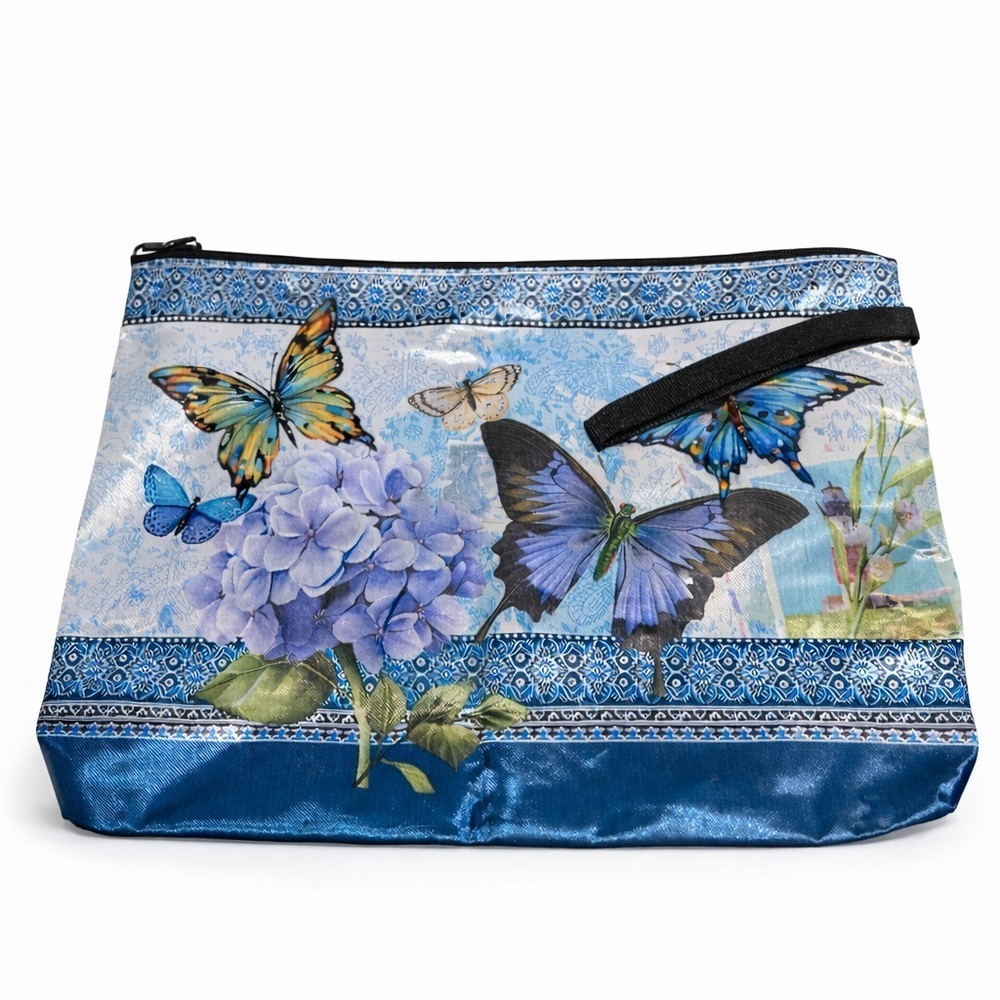 ☀️Blue Satin Butterfly FloralCosmetic Bag/ Makeup Pouch Travel Case-NWOT